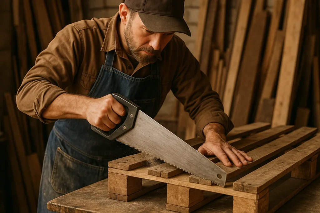 person cutting wooden pallet with hand saw