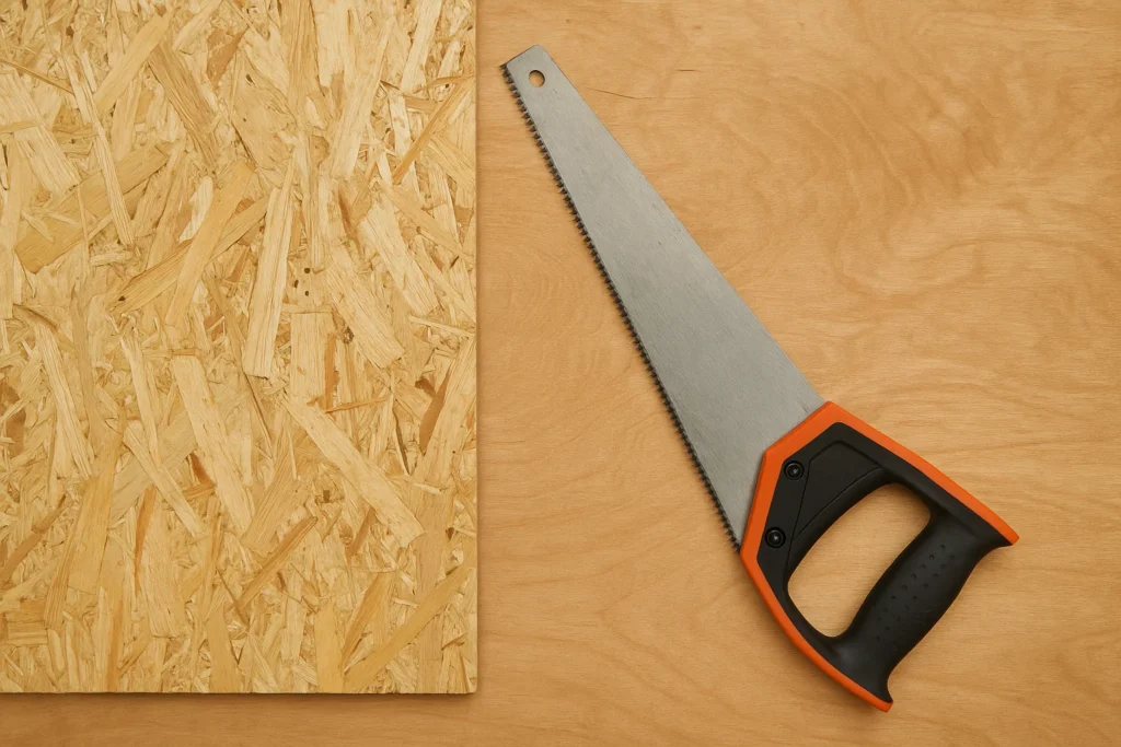 OSB panel with a hand saw